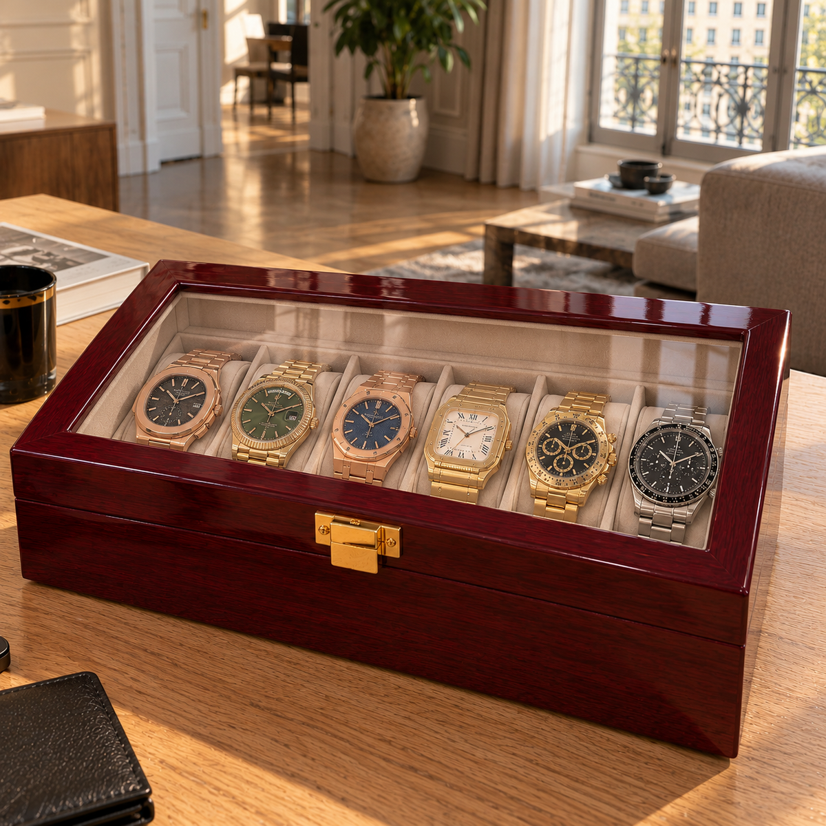 Boîte à Montre 6 Montres Bois Laqué Rouge