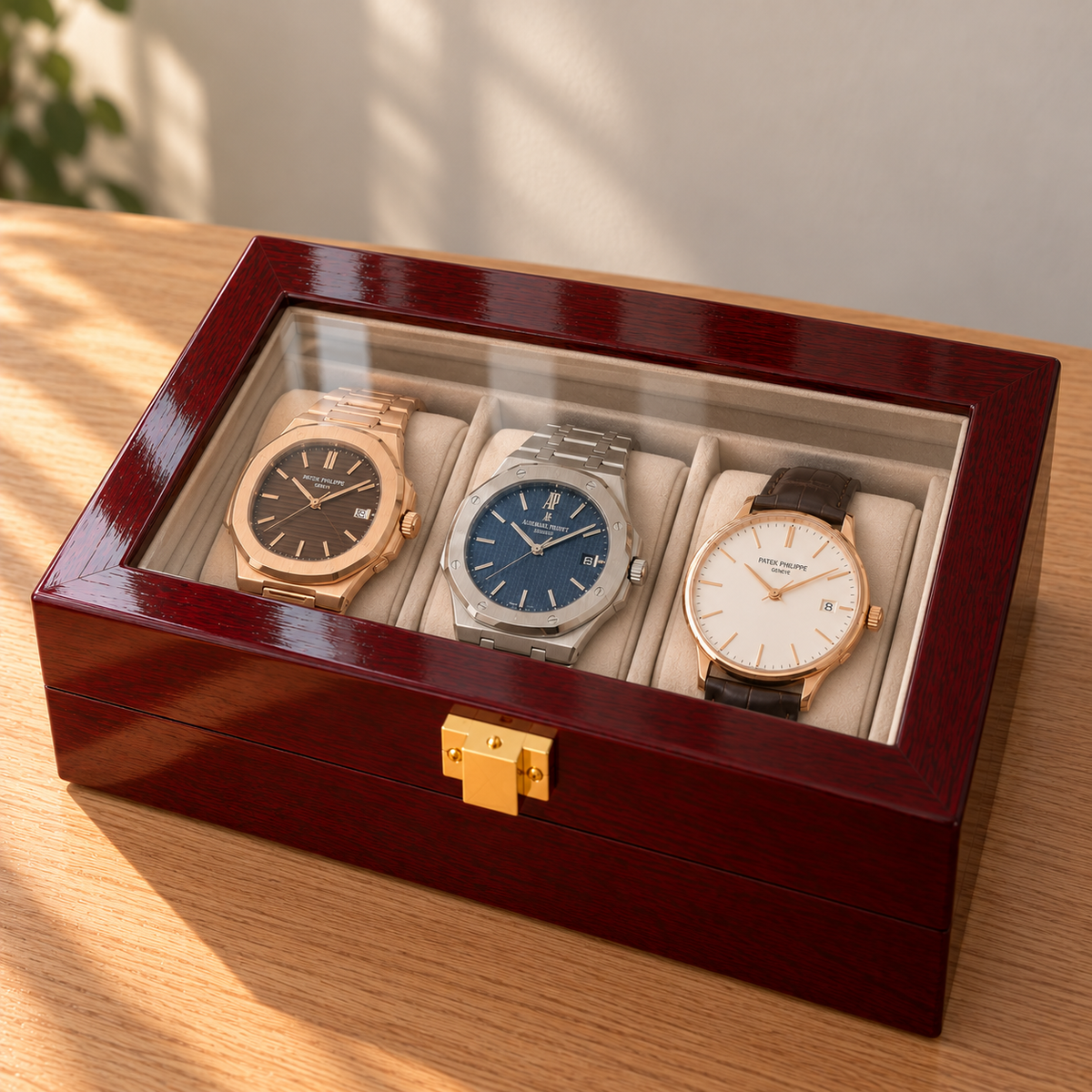 Boîte à Montre 3 Montres Bois Laqué Rouge