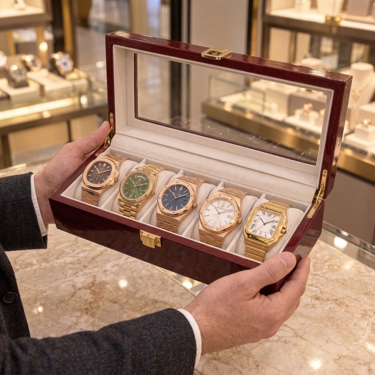 Boîte à Montre 5 Montres Bois Laqué Rouge
