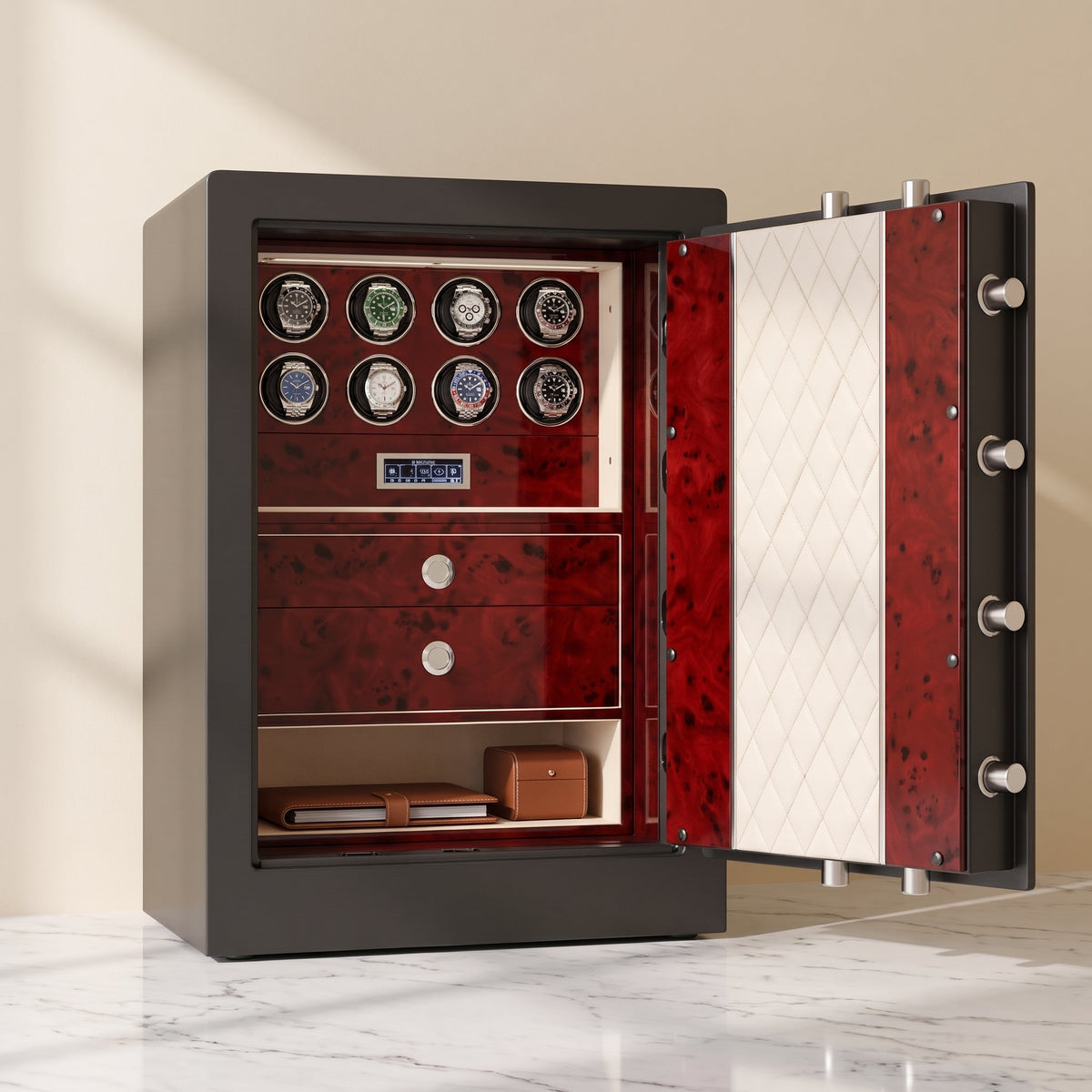 Remontoir Montre Coffre-Fort 8 Montres Rouge Bordeaux