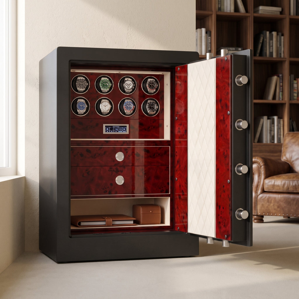 Remontoir Montre Coffre-Fort 8 Montres Rouge Bordeaux
