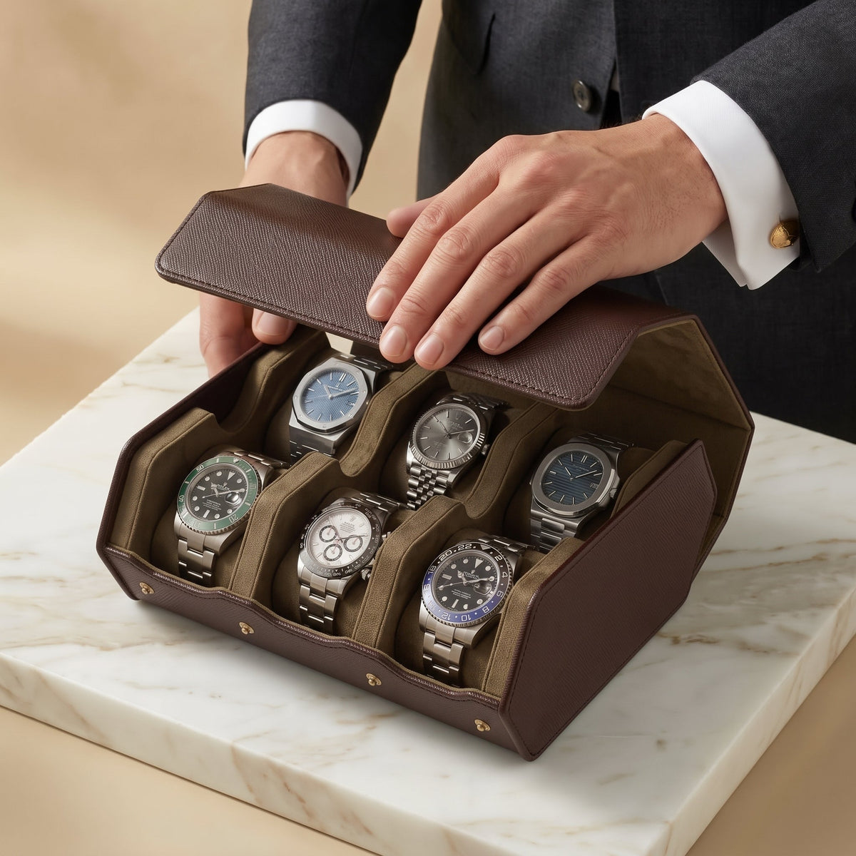 Coffret de Montres Hexagonal 6 Brun Havane