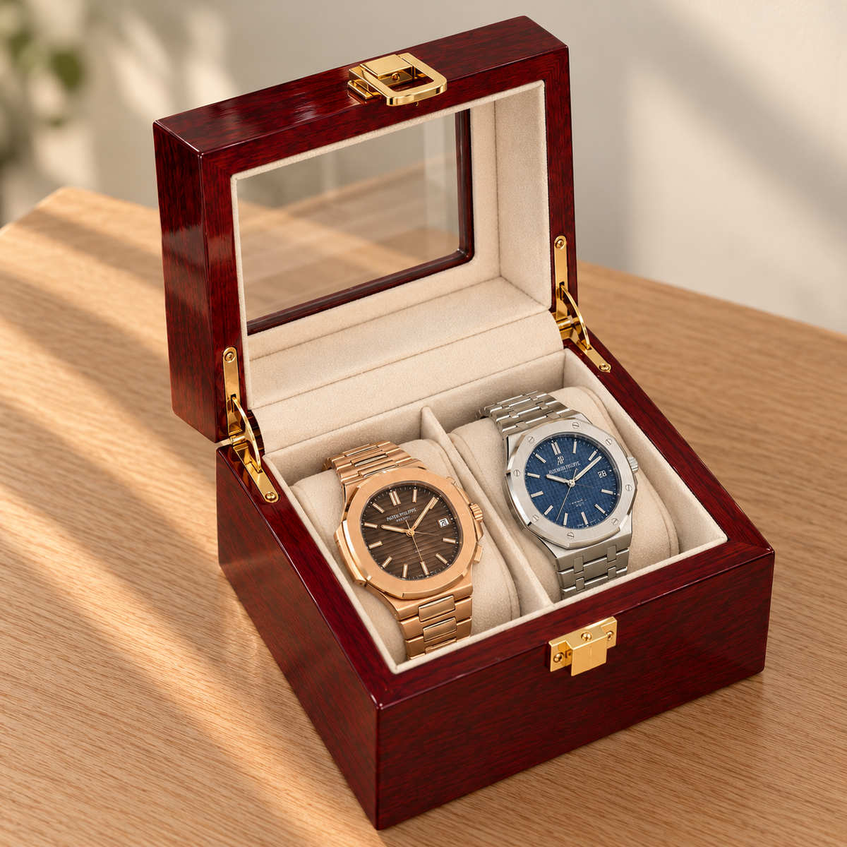 Boîte à Montre 2 Montres Bois Laqué Rouge