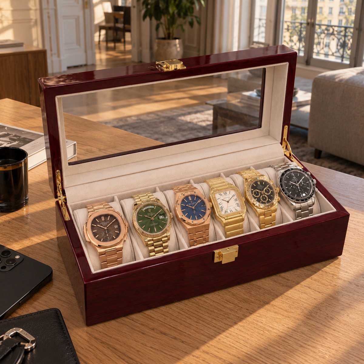 Boîte à Montre 6 Montres Bois Laqué Rouge
