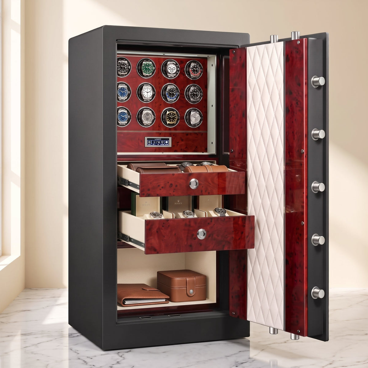 Remontoir Montre Coffre-Fort 12 Montres Rouge Bordeaux