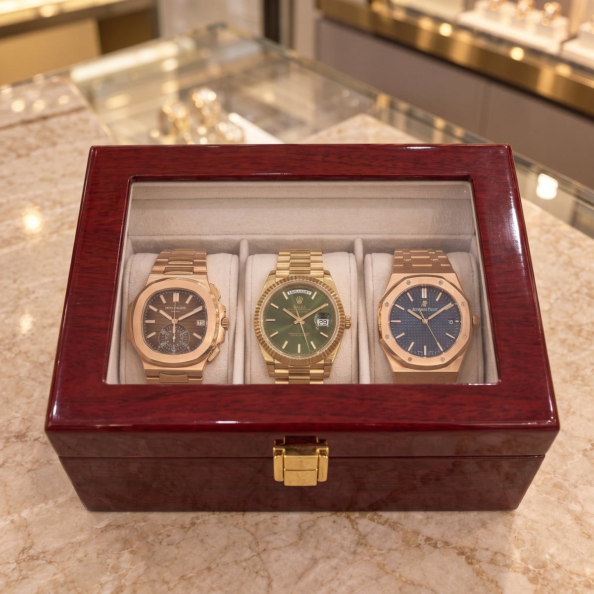 Boîte à Montre 3 Montres Bois Laqué Rouge
