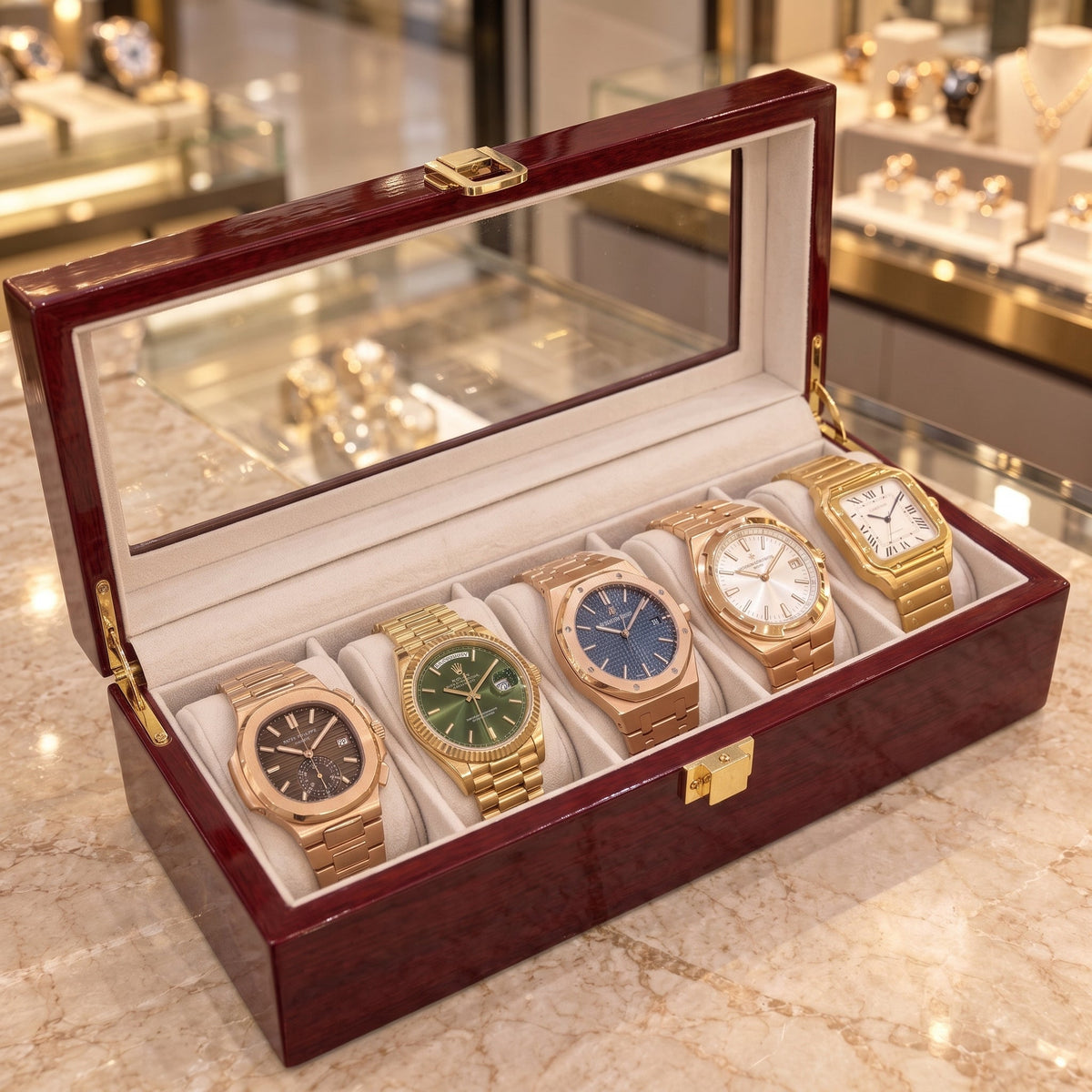 Boîte à Montre 5 Montres Bois Laqué Rouge
