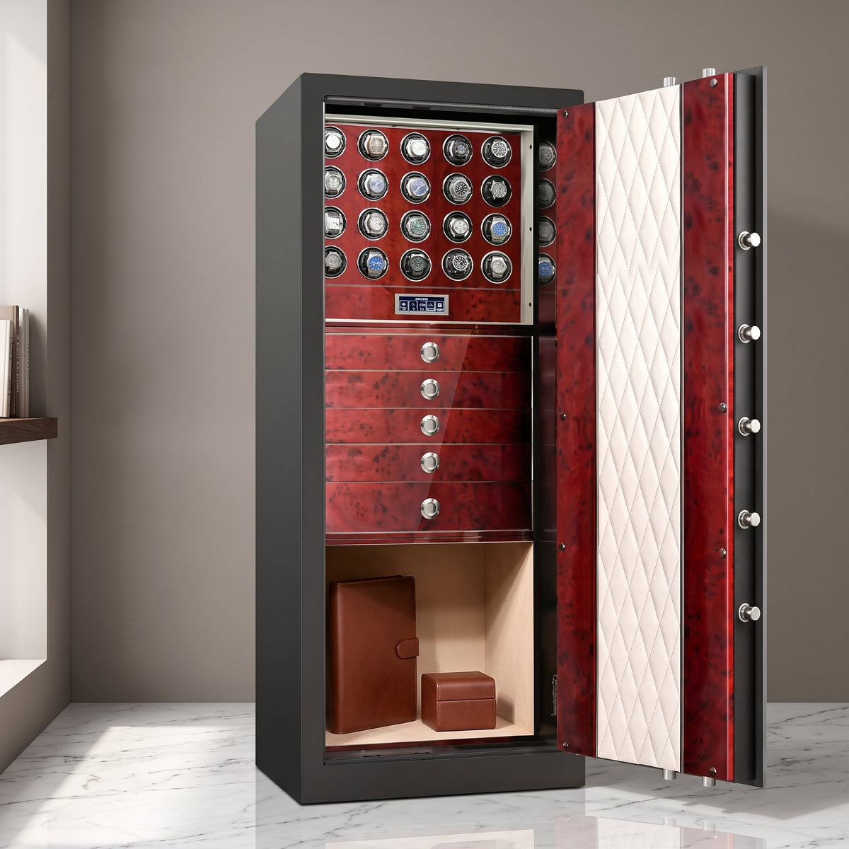 Remontoir Montre Coffre-Fort 20 Montres Rouge Bordeaux