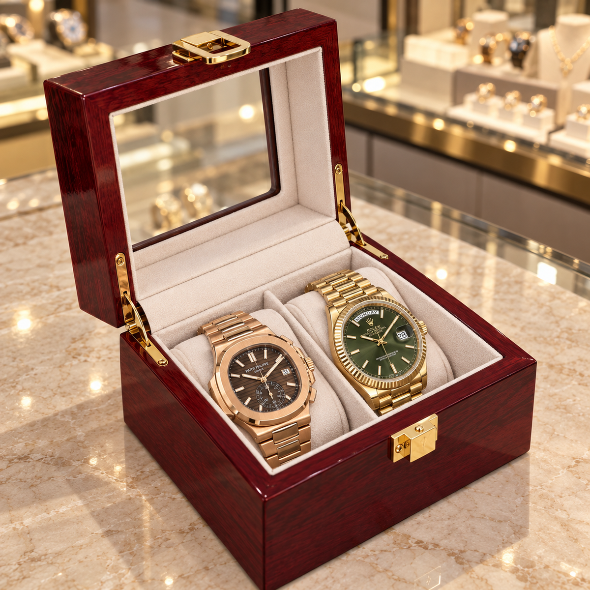 Boîte à Montre 2 Montres Bois Laqué Rouge