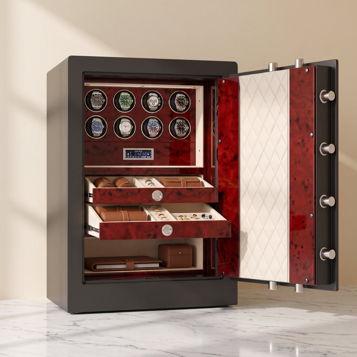 Remontoir Montre Coffre-Fort 8 Montres Rouge Bordeaux