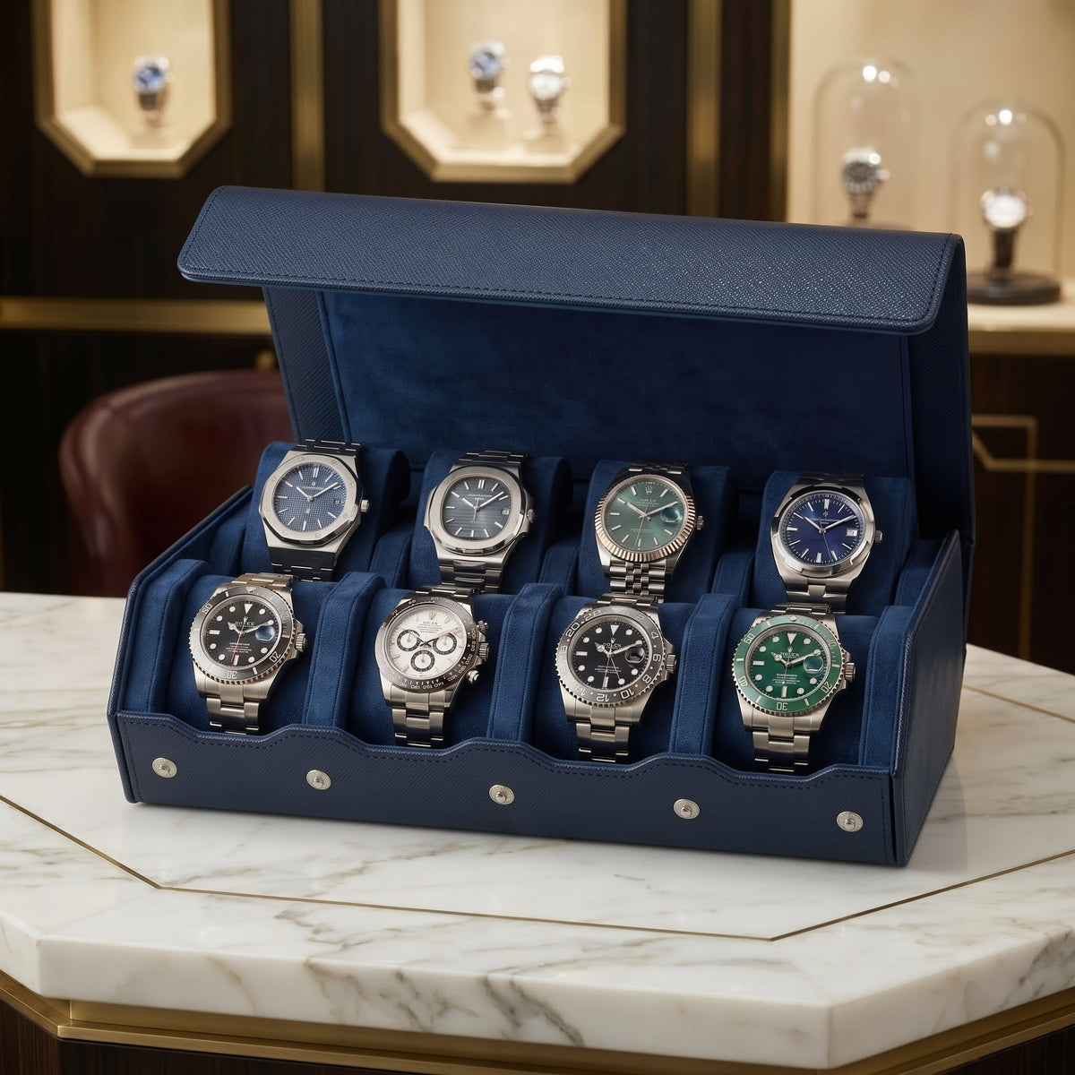Coffret de Montres Hexagonal 8 Bleu Nuit