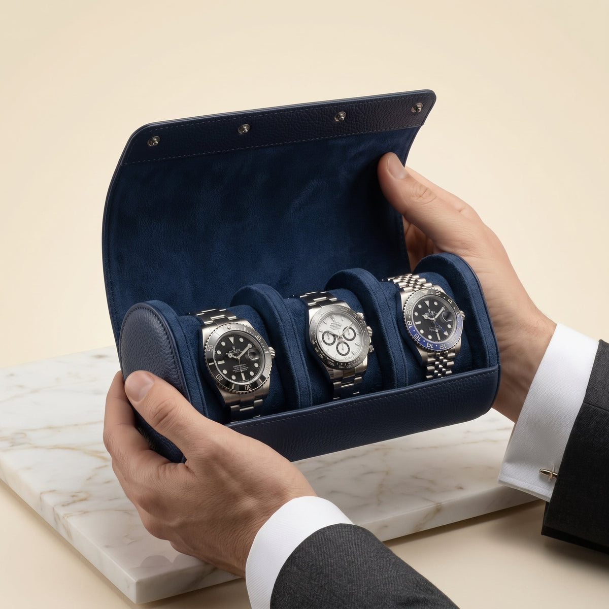 Étui de Voyage 3 Montres Bleu Nuit