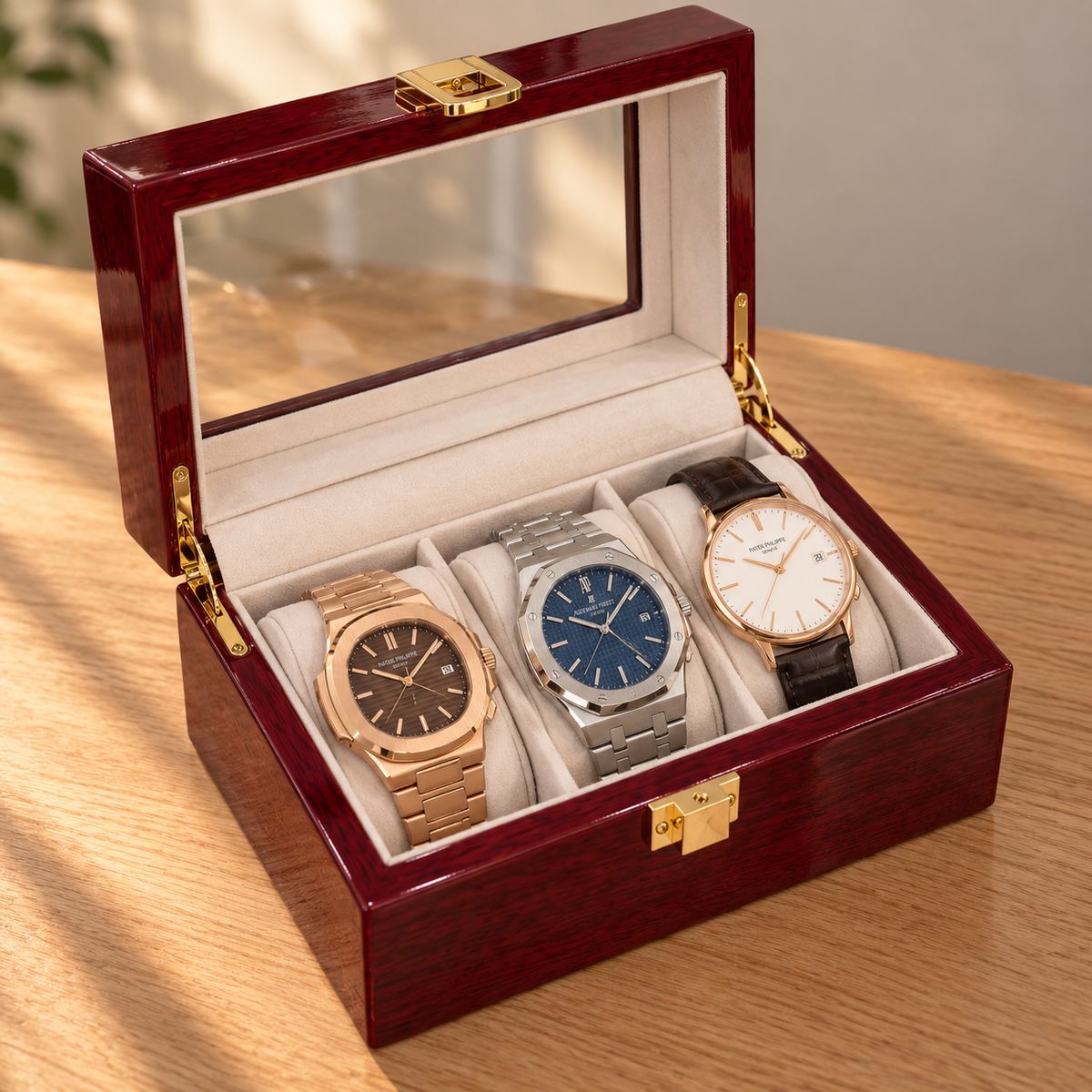 Boîte à Montre 3 Montres Bois Laqué Rouge